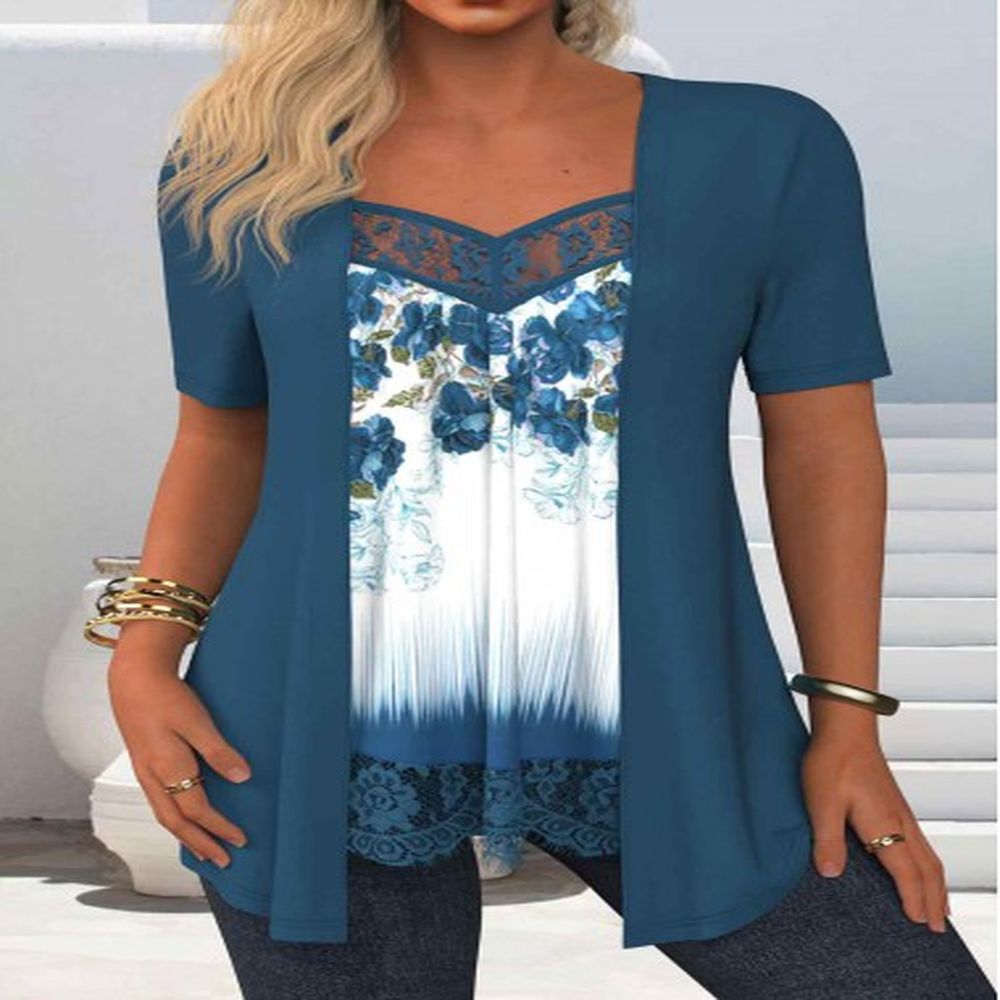 modlily peacock blue lace floral print fake two piece twinset