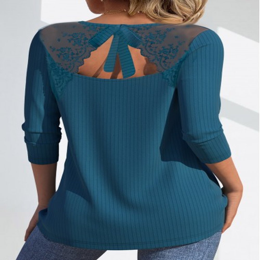 modlily peacock blue lace long sleeve v neck t shirt