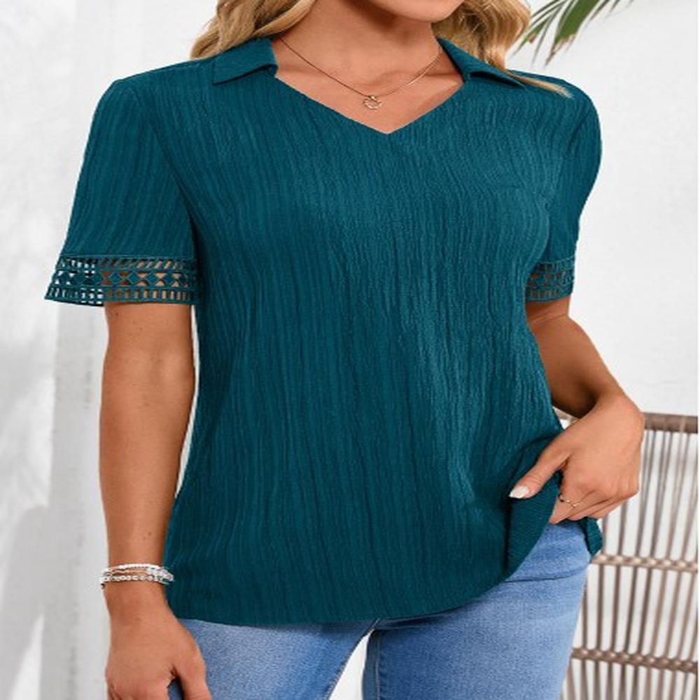 modlily peacock blue lace short sleeve shirt collar blouse