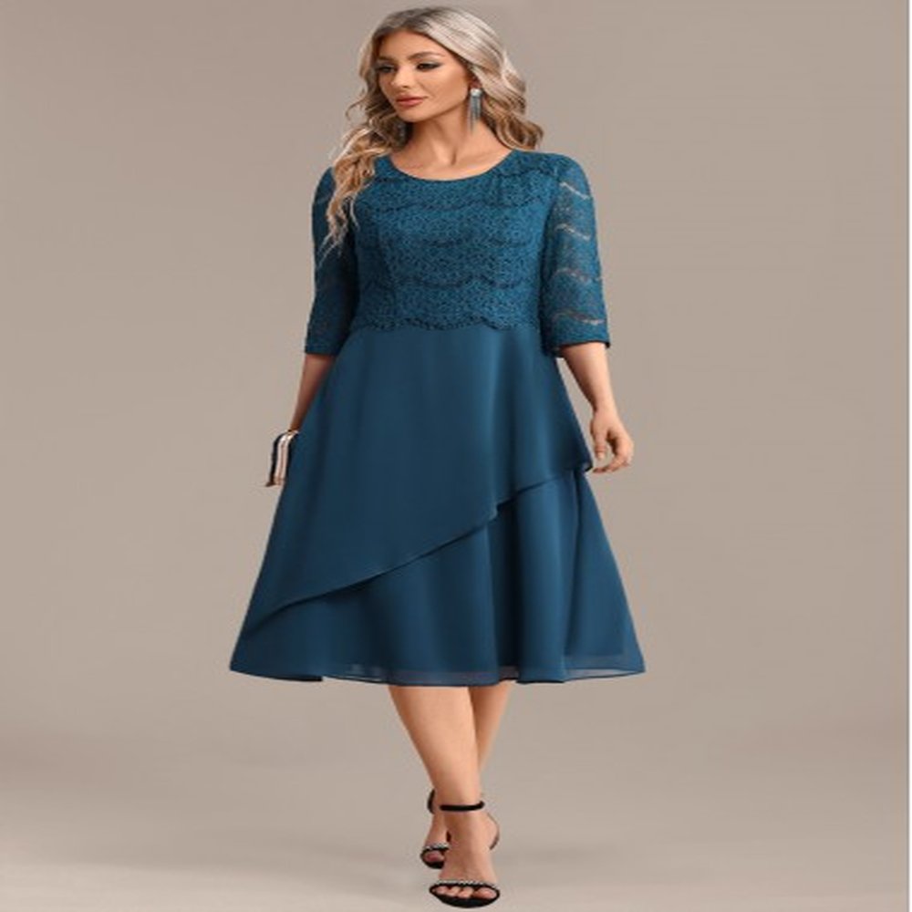 modlily peacock blue lace sleeve round neck dress