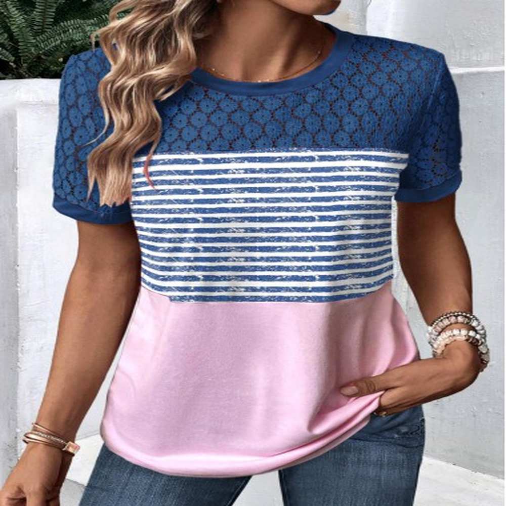 modlily peacock blue lace striped short sleeve t shirt