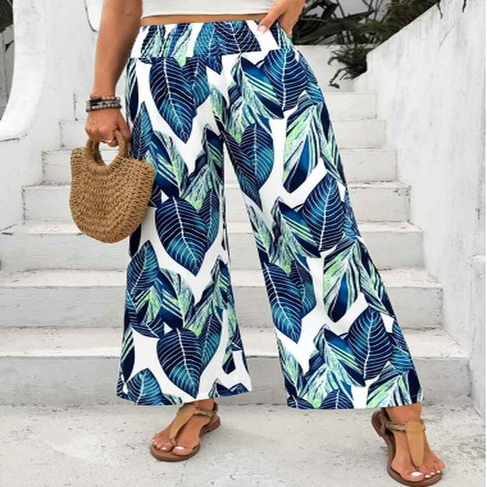 modlily peacock blue leaf print wide leg elastic waist pants