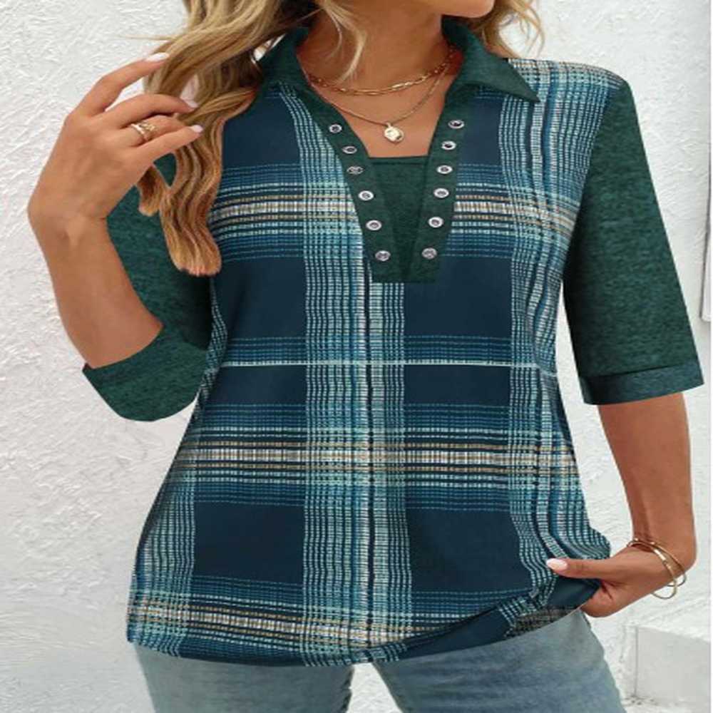 modlily peacock blue patchwork plaid half sleeve shirt collar blouse