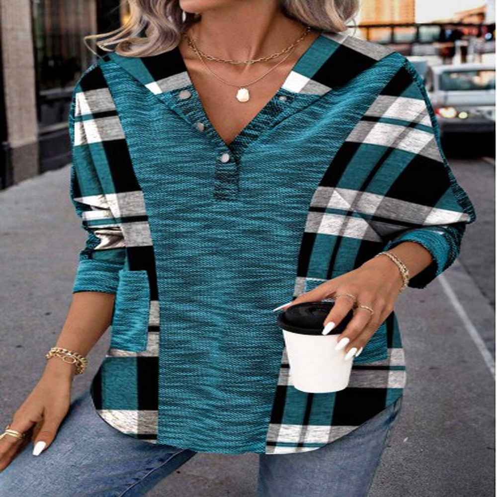 modlily peacock blue patchwork plaid long sleeve hoodie m