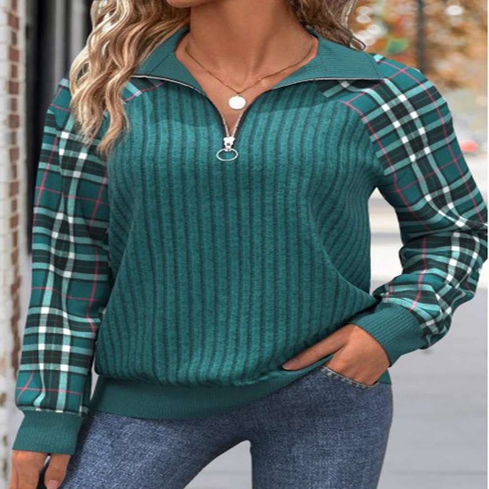 modlily peacock blue patchwork plaid long sleeve sweatshirt m