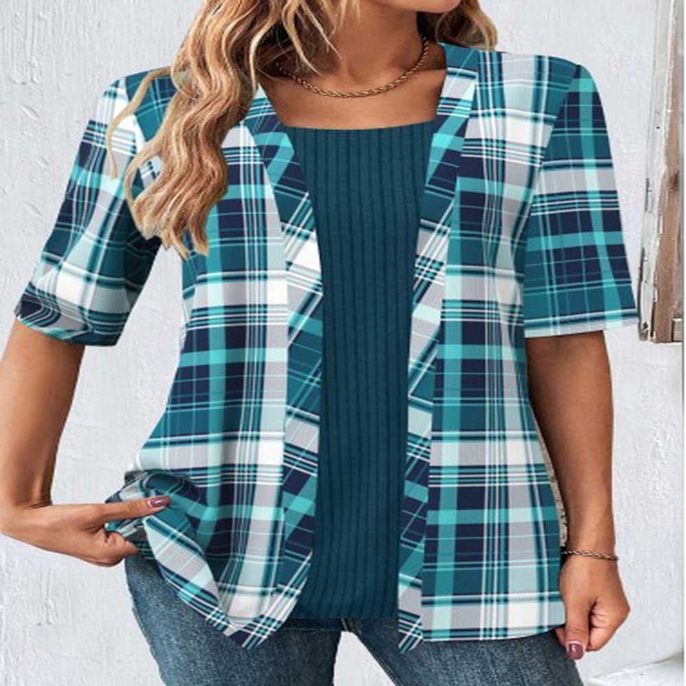 modlily peacock blue plaid short sleeve fake two piece twinset
