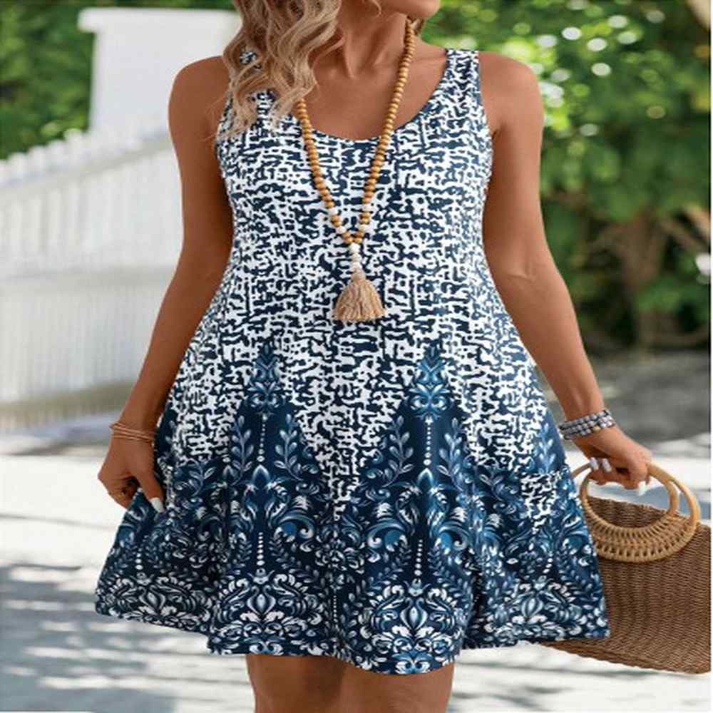 modlily peacock blue pocket tribal print a line sleeveless dress