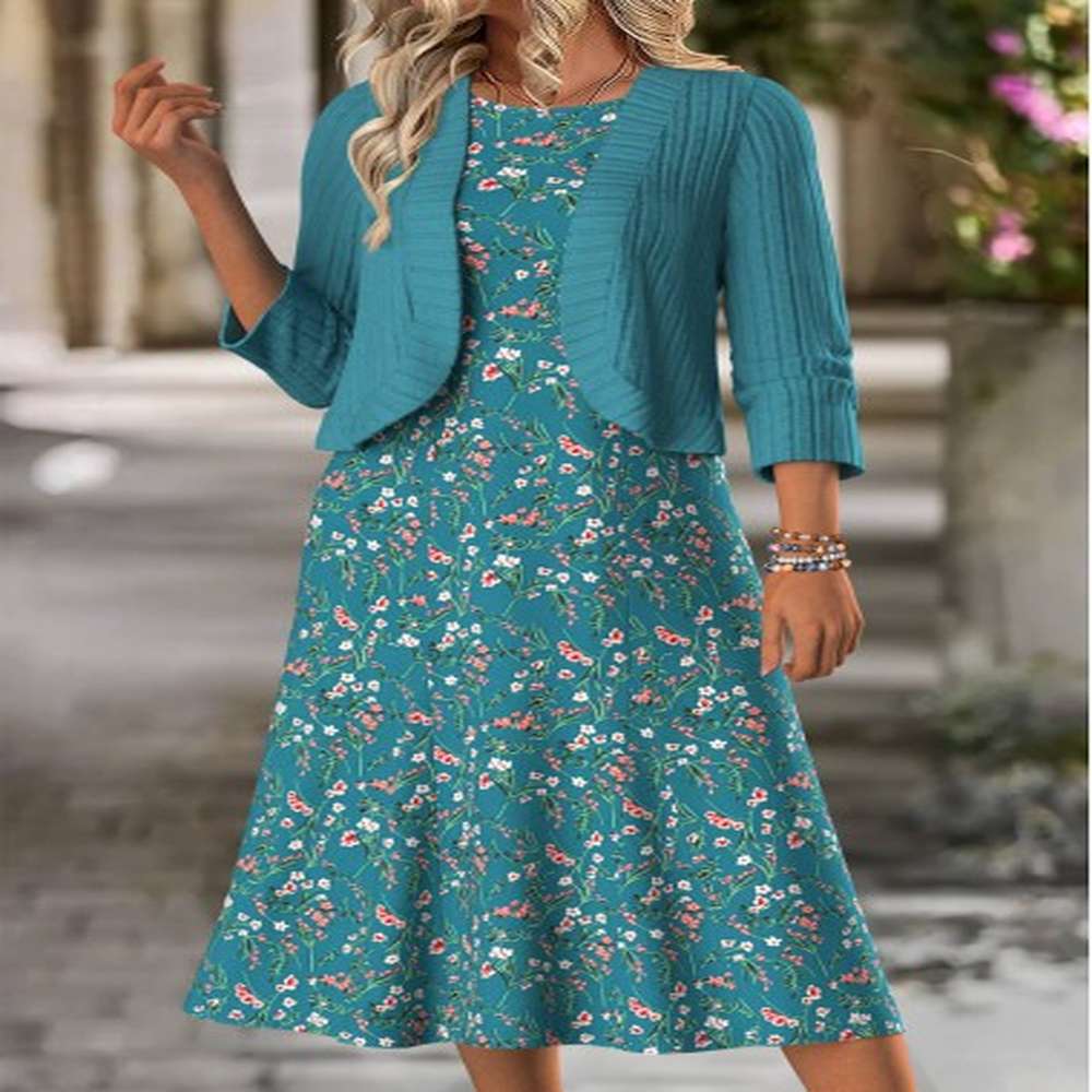 modlily peacock blue tummy coverage bracelet sleeve dress and cardigan