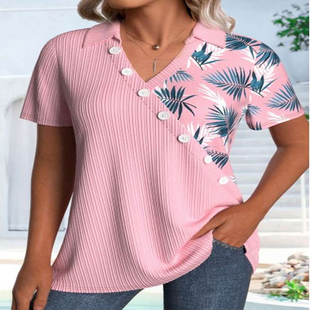 modlily pink asymmetry leaf print short sleeve shirt xxl