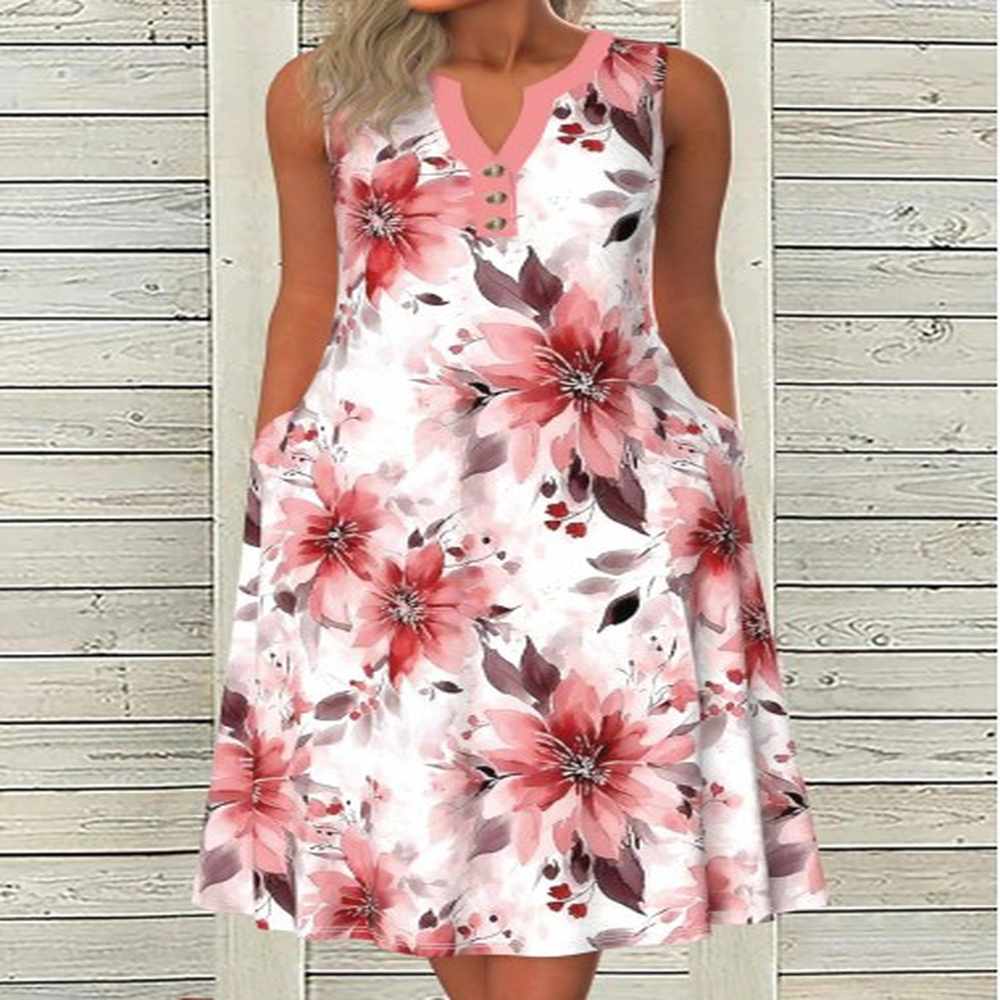 modlily pink button floral print a line sleeveless dress