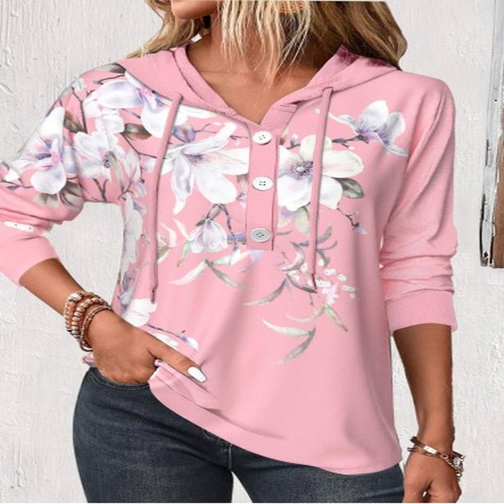 modlily pink button floral print long sleeve hoodie s