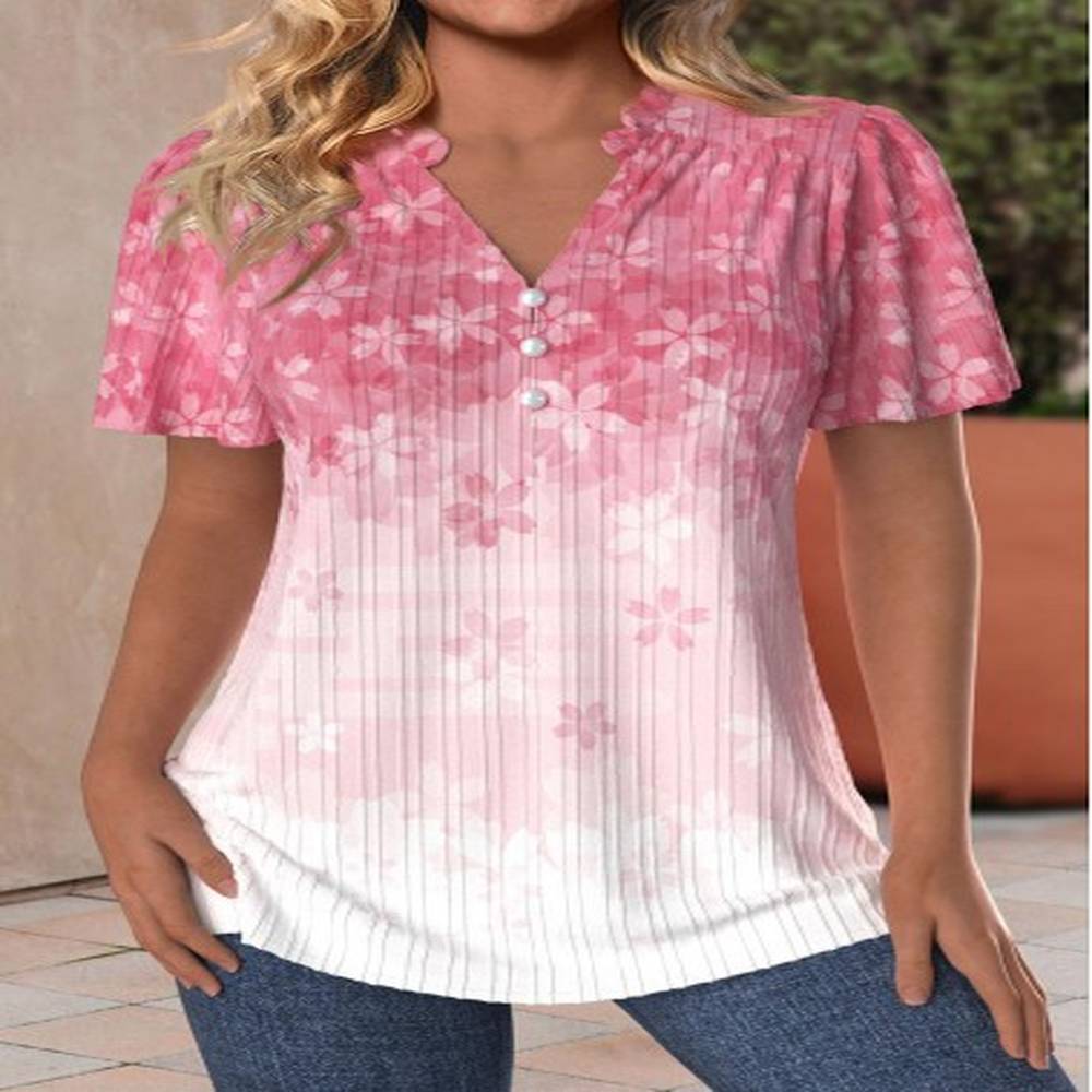 modlily pink button floral print short sleeve split neck blouse