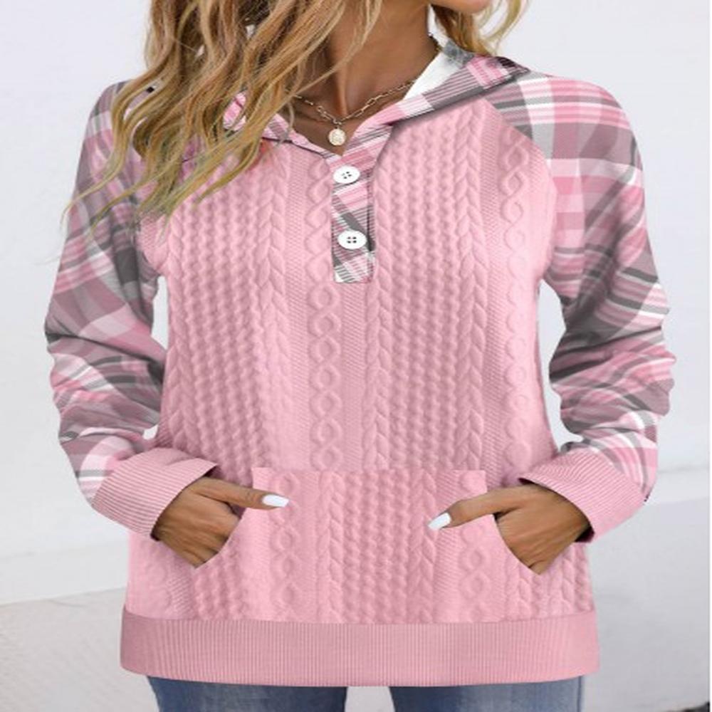 modlily pink button plaid long sleeve hoodie xl