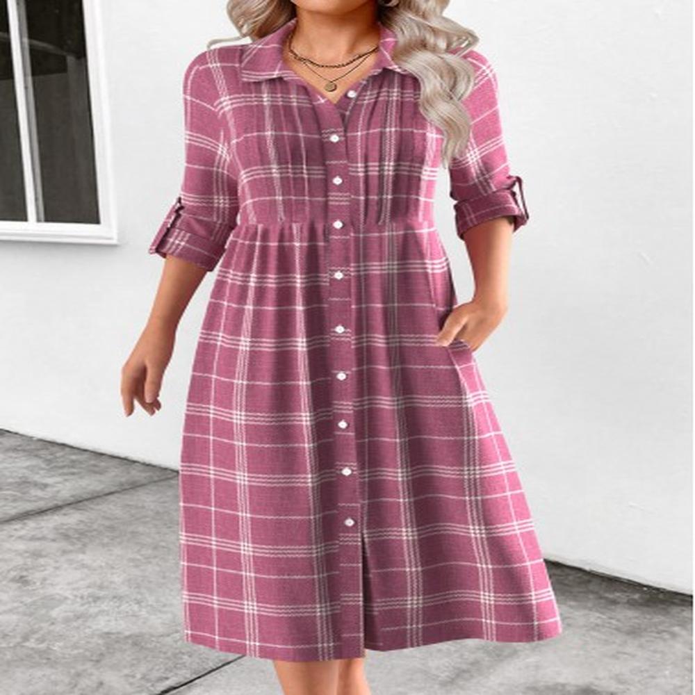 modlily pink button plaid long sleeve shirt collar dress