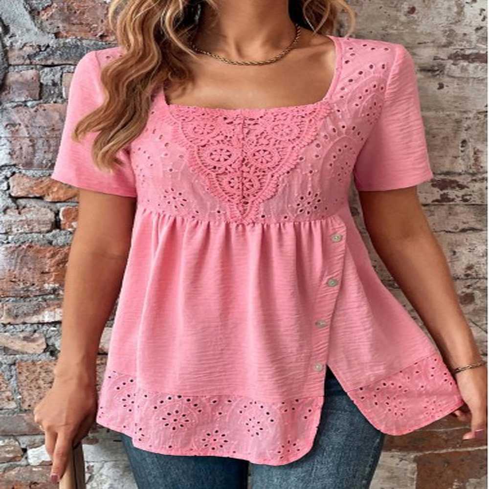 modlily pink button short sleeve square neck blouse xxl