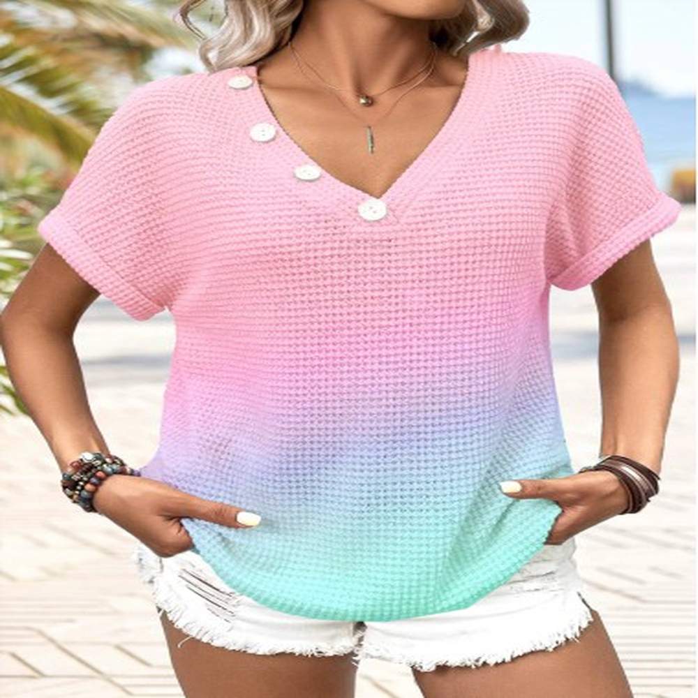 modlily pink button short sleeve v neck t shirt