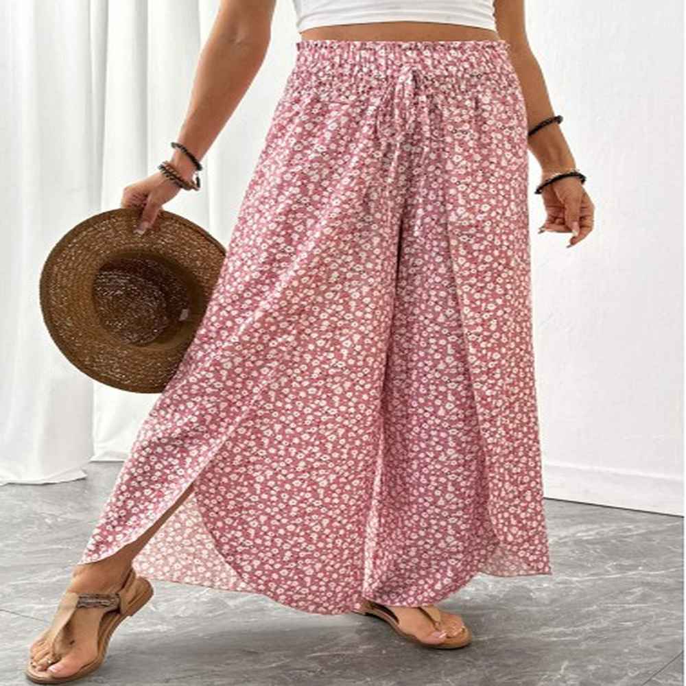 modlily pink ditsy floral print wide leg elastic waist pants