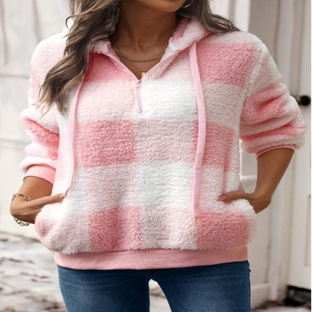 modlily pink drawstring plaid long sleeve hoodie l