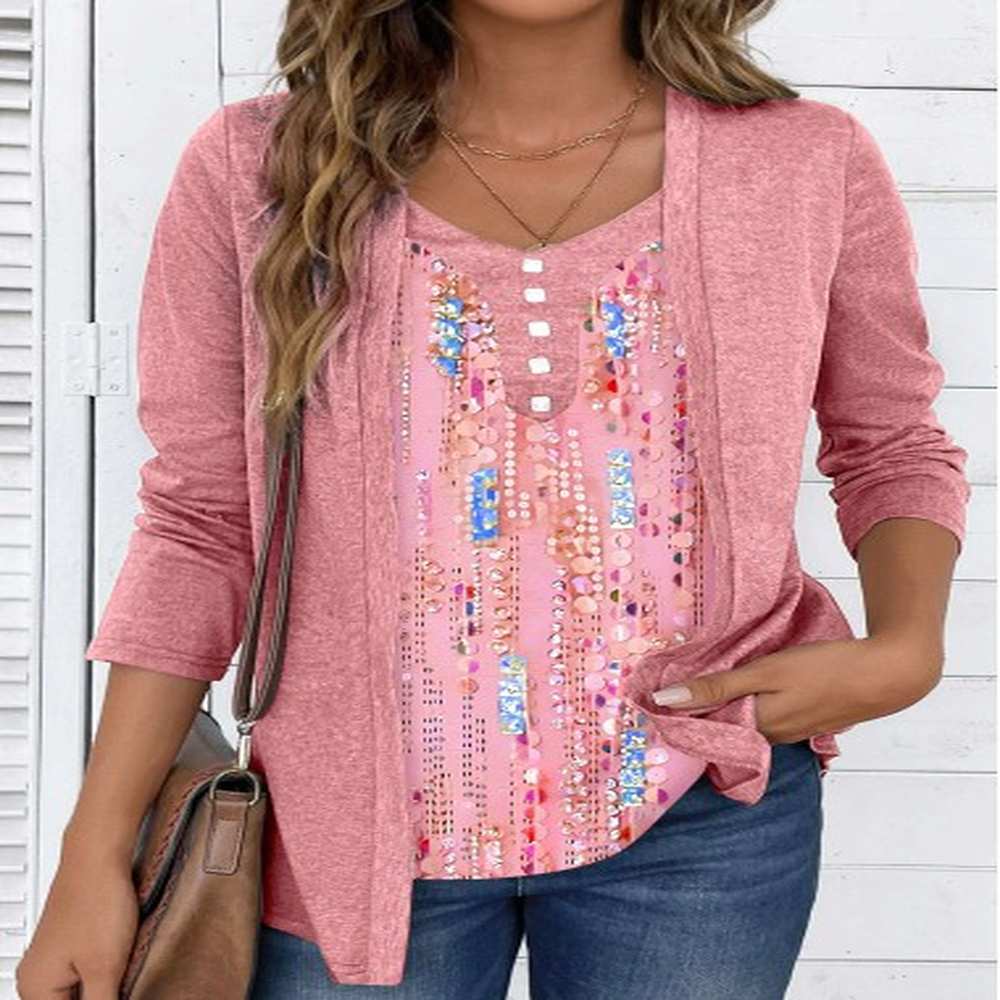 modlily pink fake in long sleeve v neck blouse