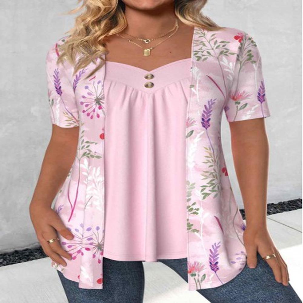 modlily pink floral print short sleeve fake two piece twinset
