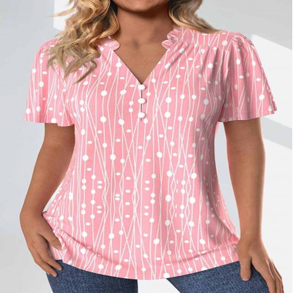 modlily pink frill geometric print short sleeve split neck blouse