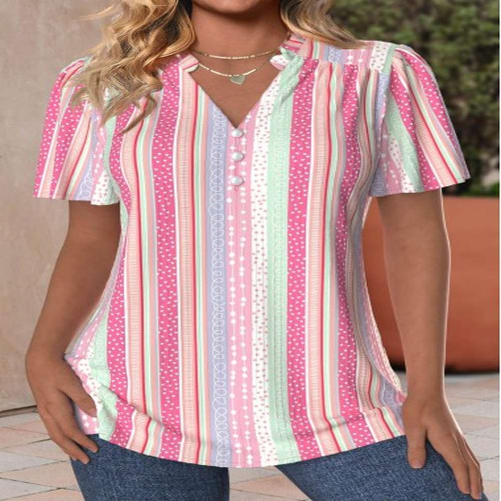 modlily pink frill striped short sleeve v neck blouse