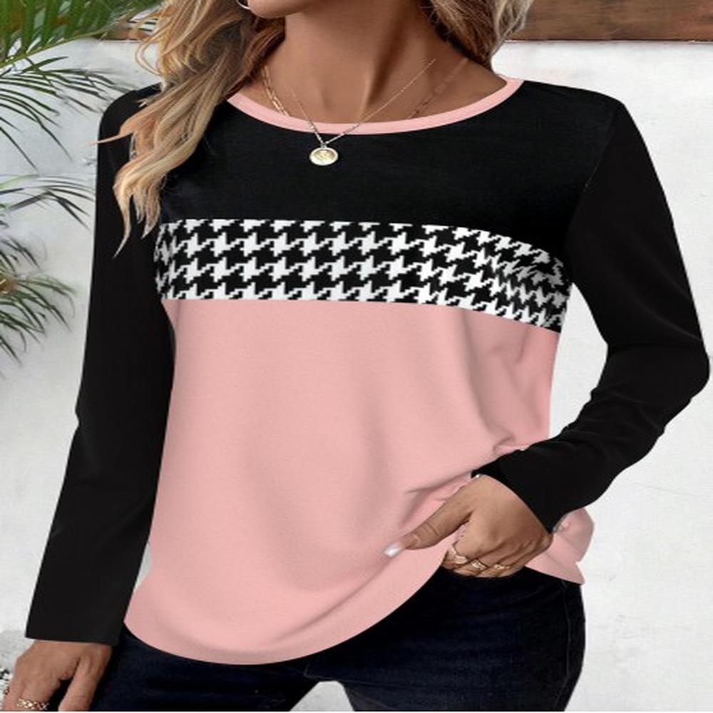 modlily pink geometric print long sleeve round neck t shirt
