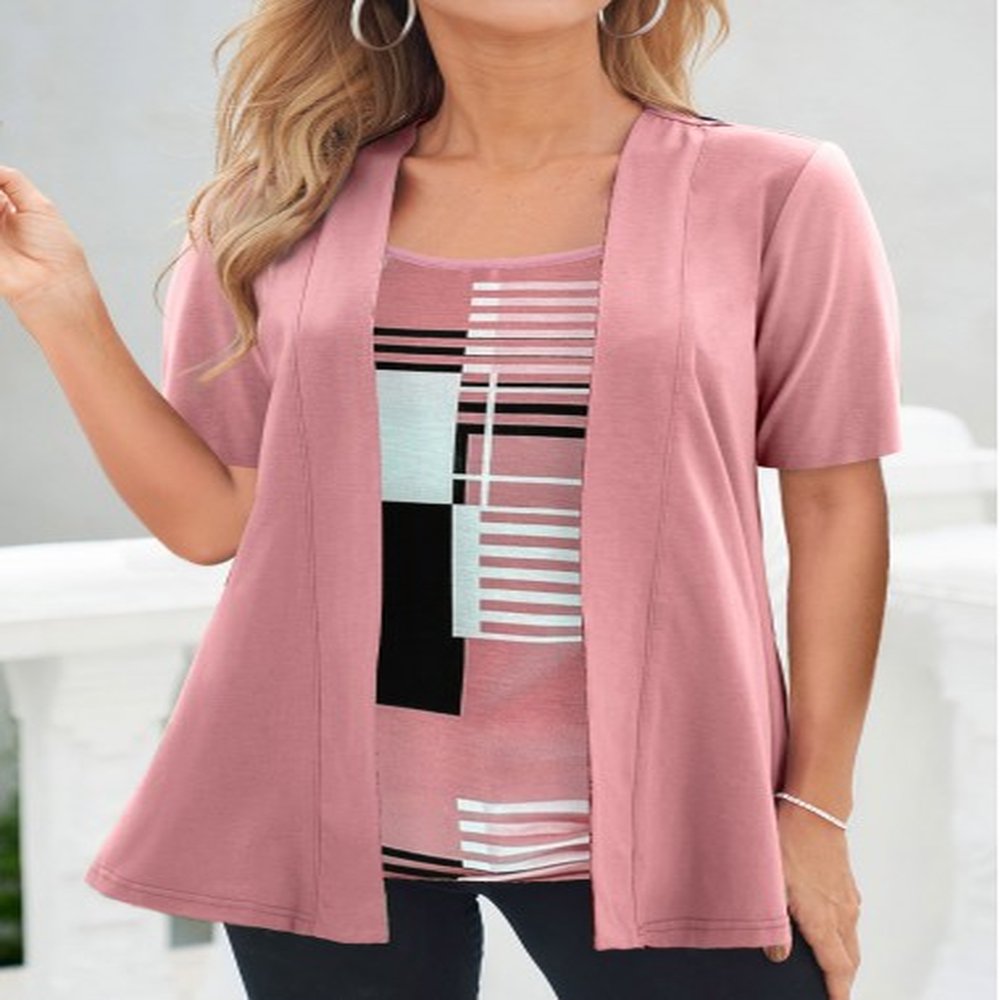 modlily pink geometric print short sleeve fake two piece twinset