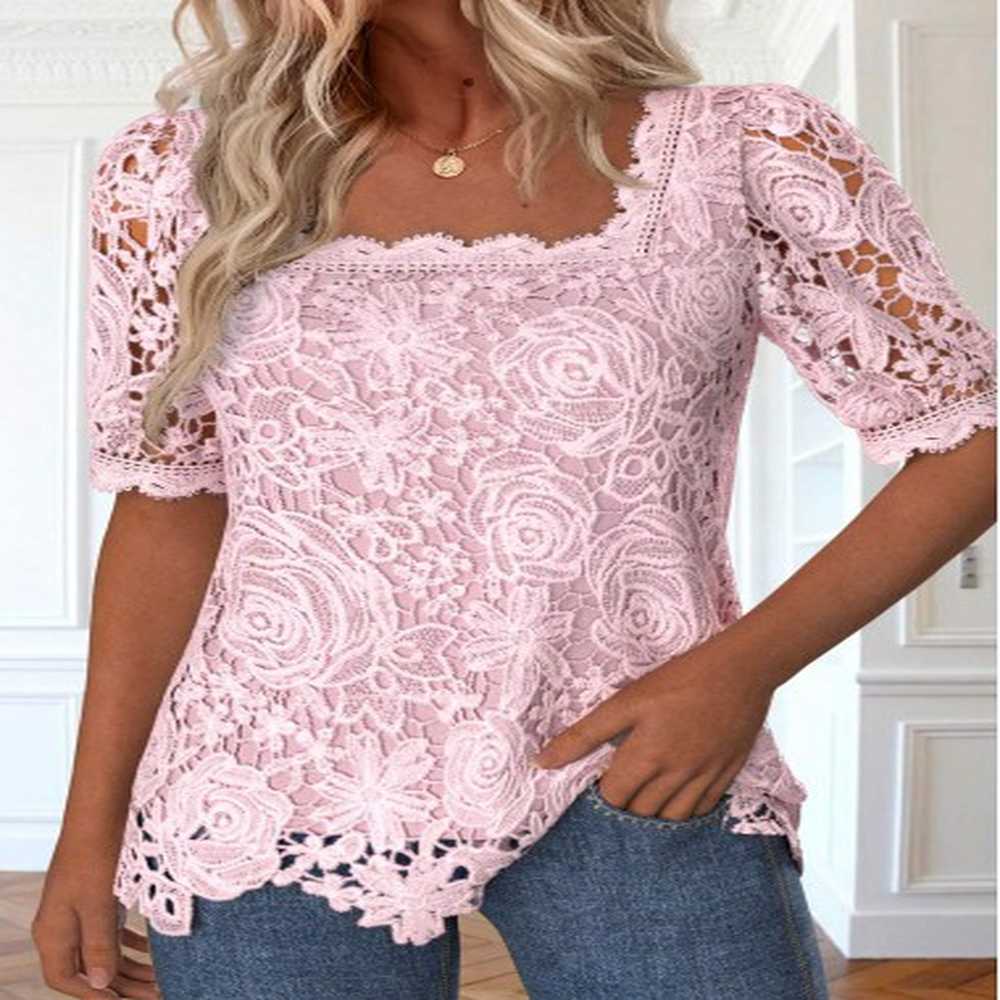 modlily pink lace half sleeve square neck blouse s