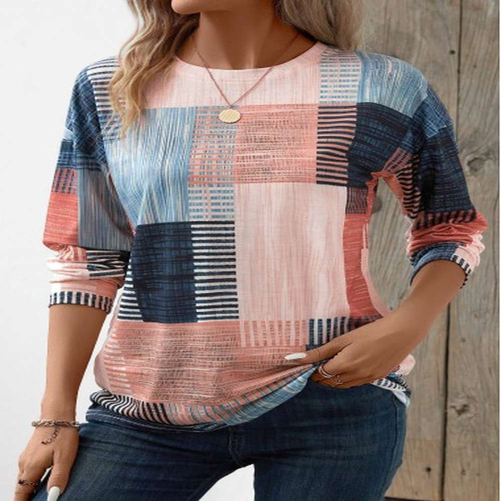modlily pink patchwork geometric print long sleeve t shirt