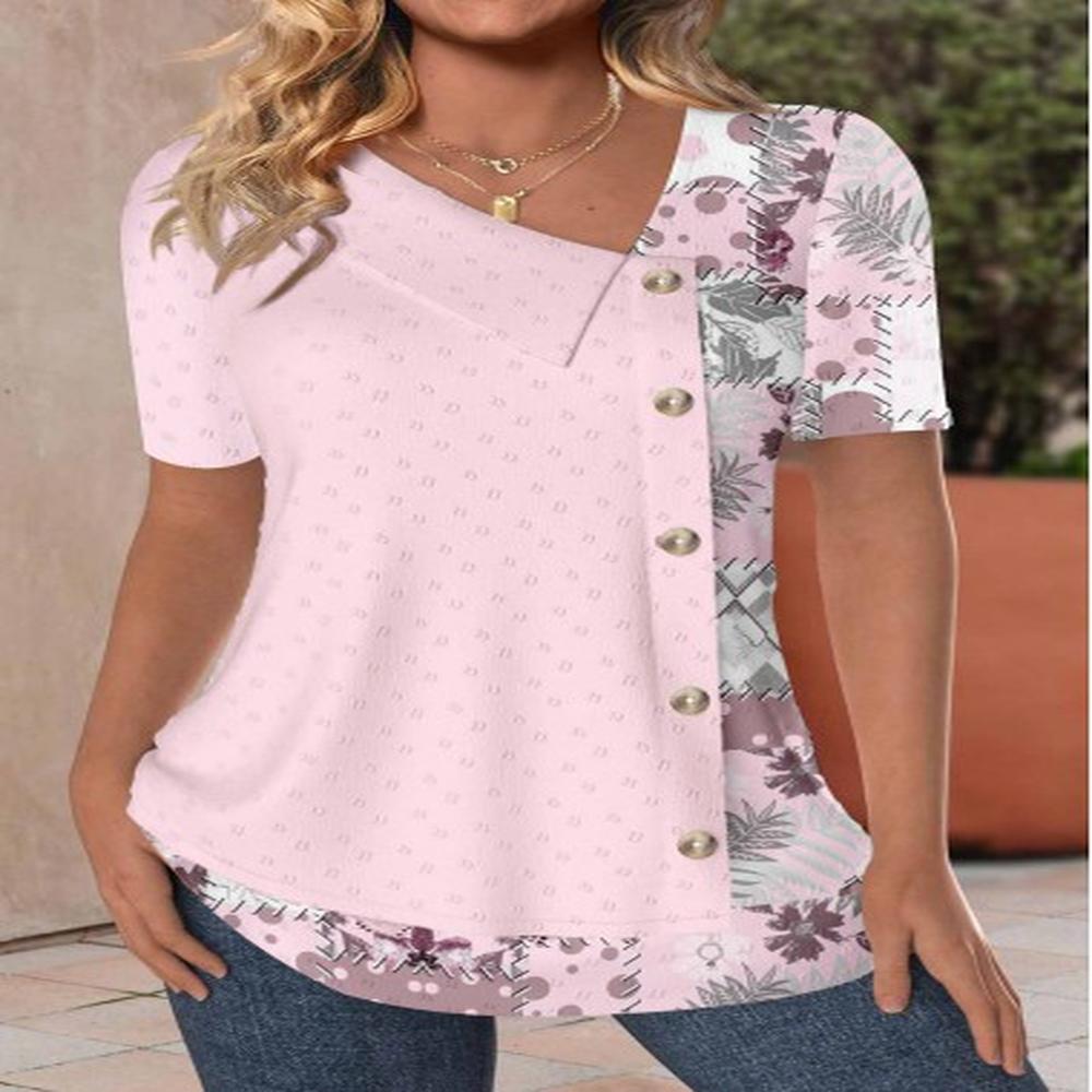 modlily pink patchwork short sleeve asymmetrical neck blouse s