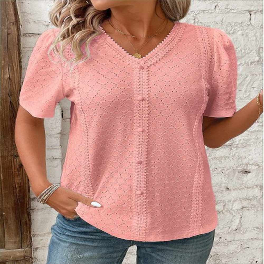 modlily pink patchwork short sleeve v neck blouse xxl
