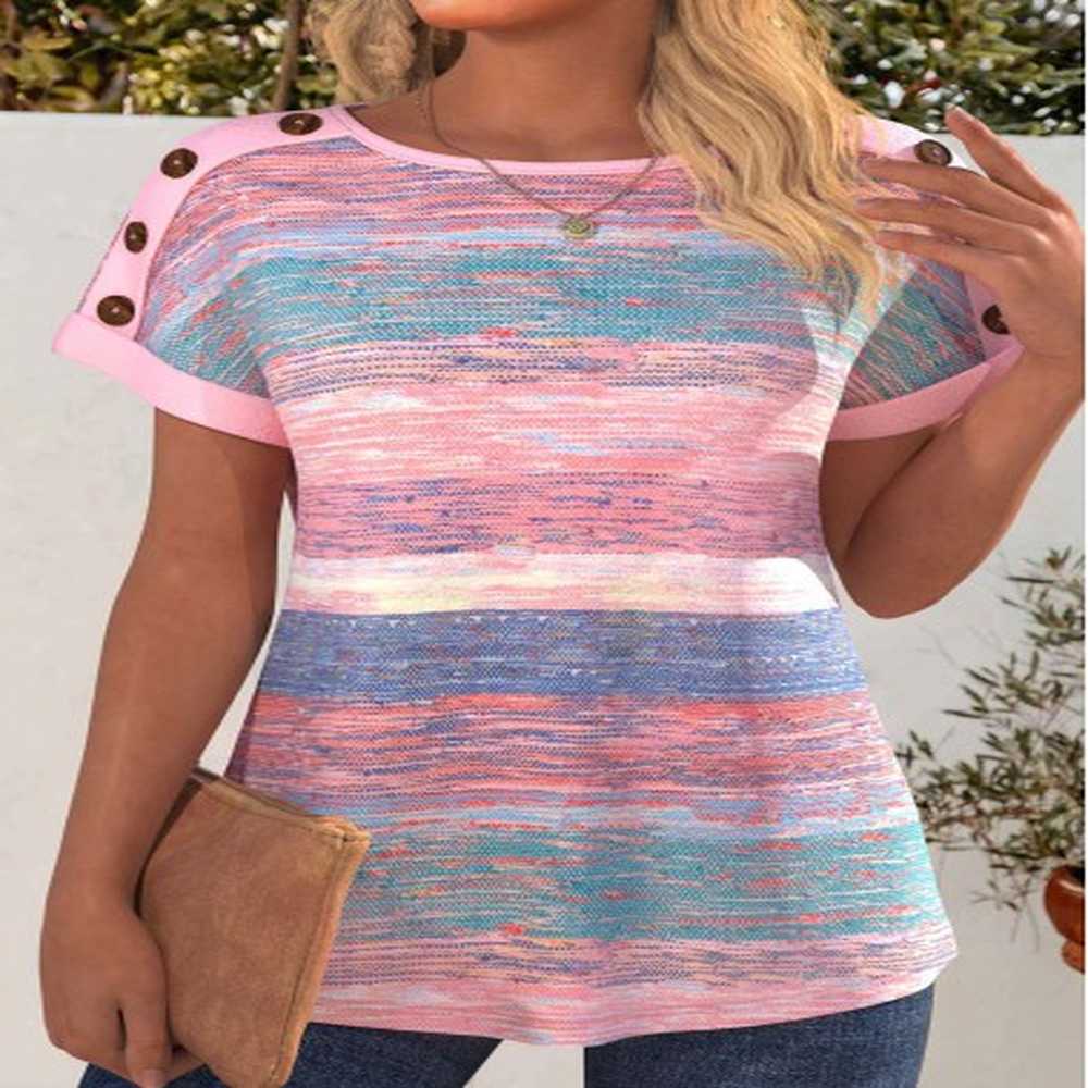 modlily pink patchwork striped short sleeve round neck t shirt