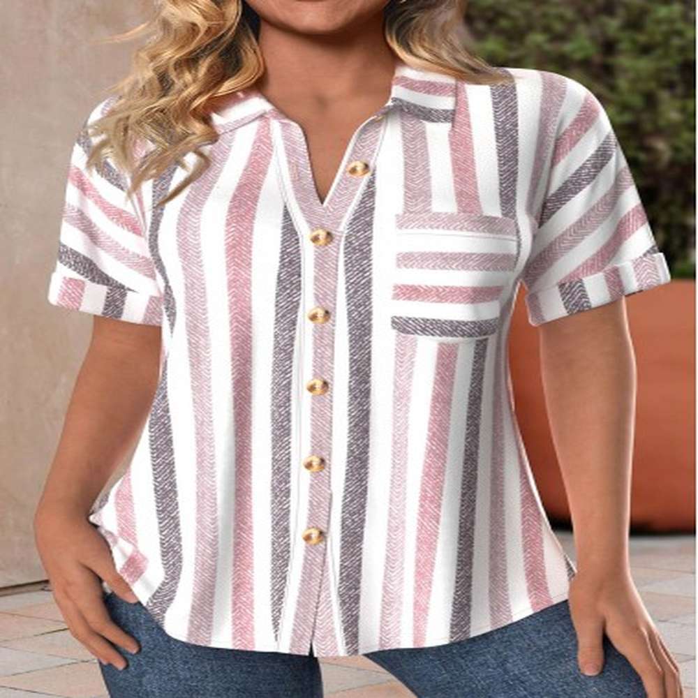 modlily pink pocket striped short sleeve shirt collar blouse