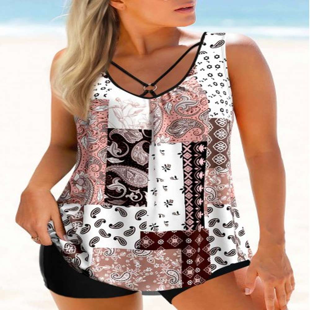 modlily pink tribal print ring detail tankini top m