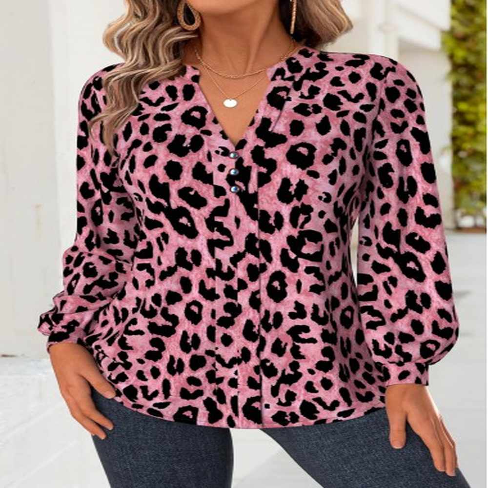 modlily pink tummy coverage leopard long sleeve split neck blouse