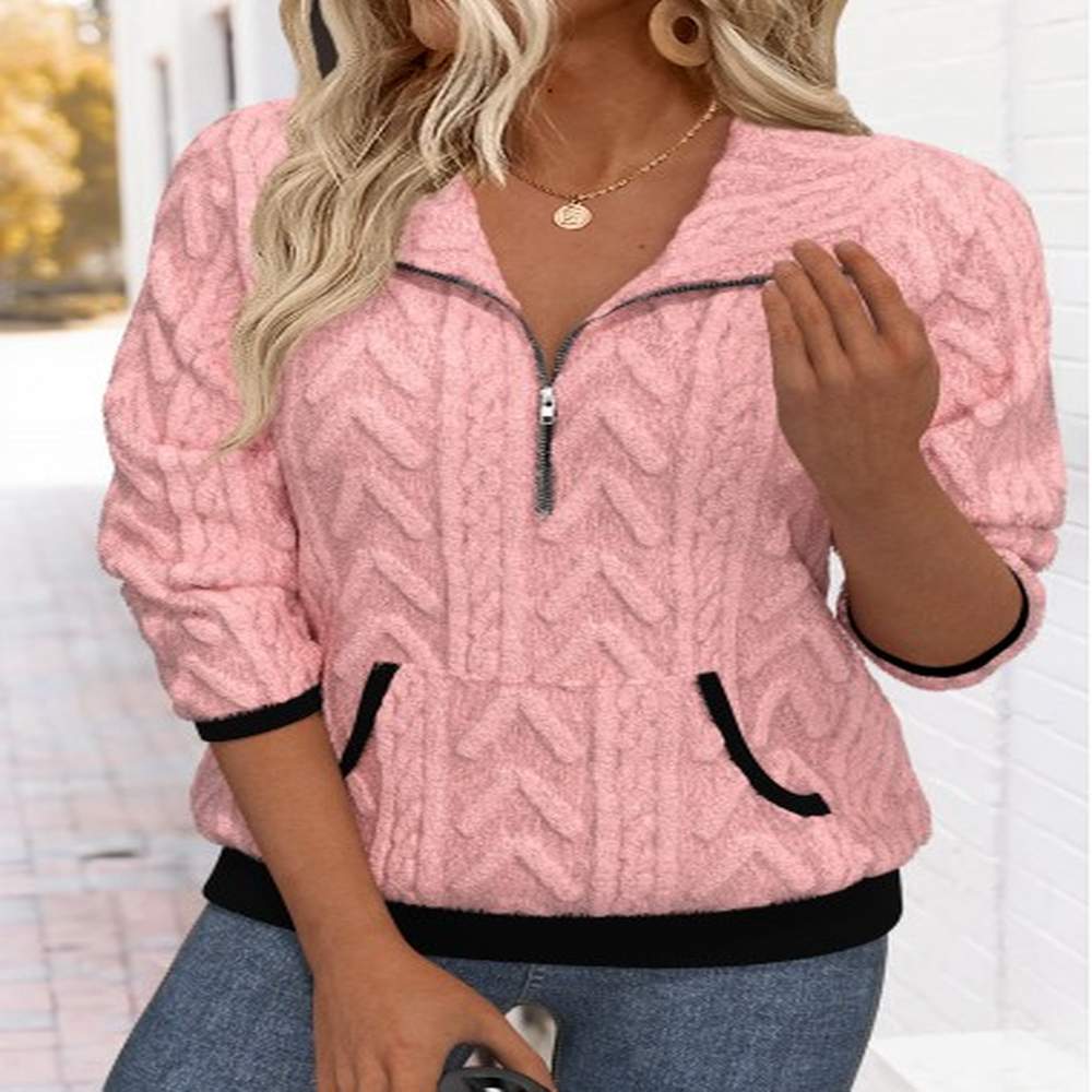 modlily pink tummy coverage long sleeve turn down collar sweatshirt