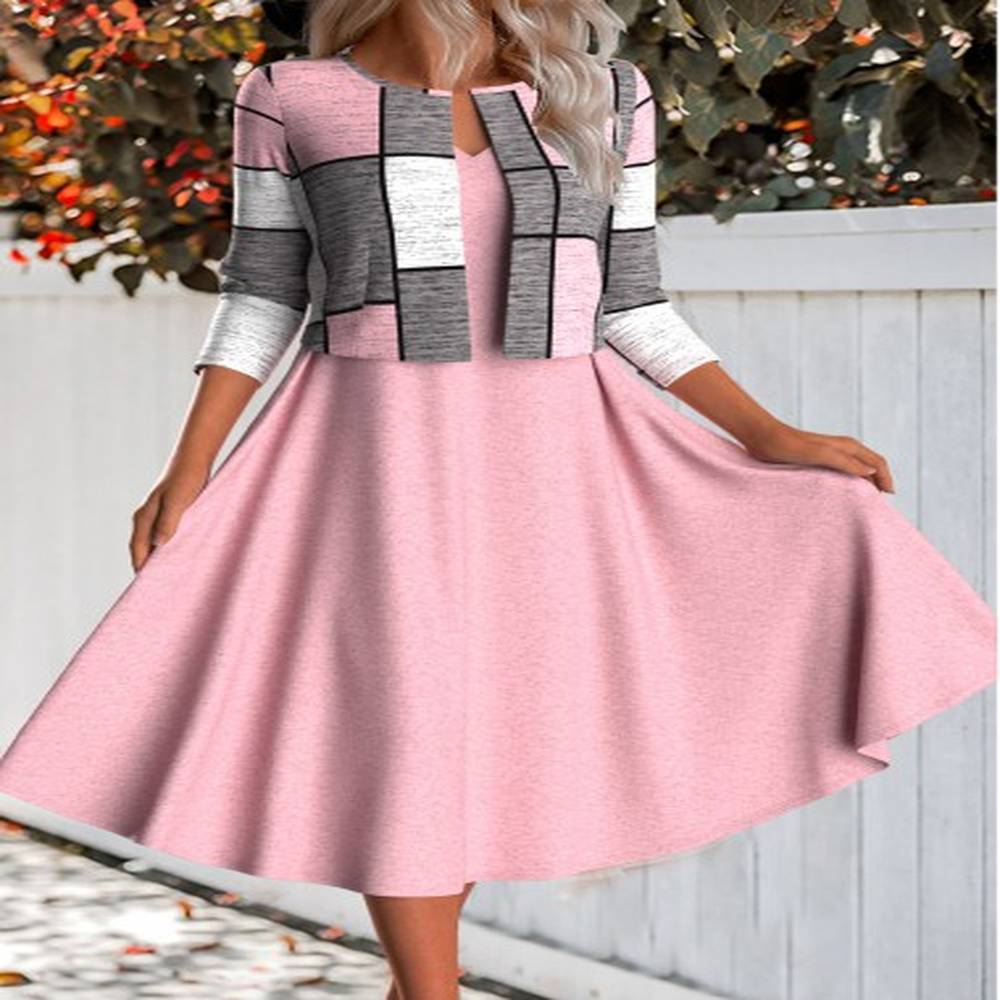 modlily pink two piece plaid long sleeve dress and cardigan