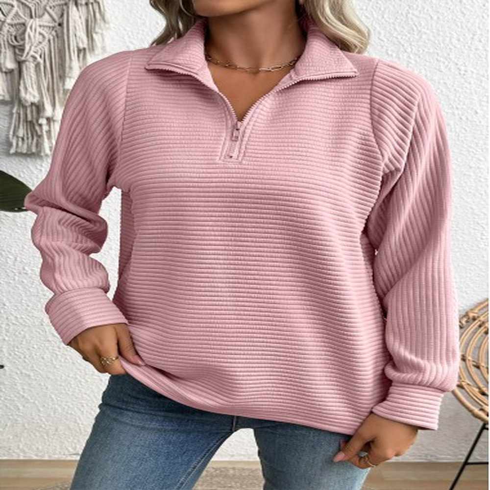 modlily pink zipper long sleeve turn down collar sweatshirt