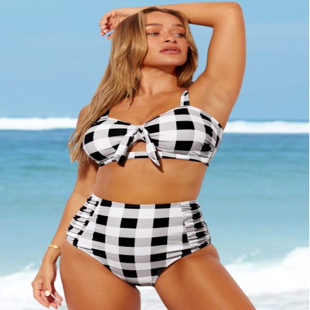 modlily plaid tie front high waisted bikini set m