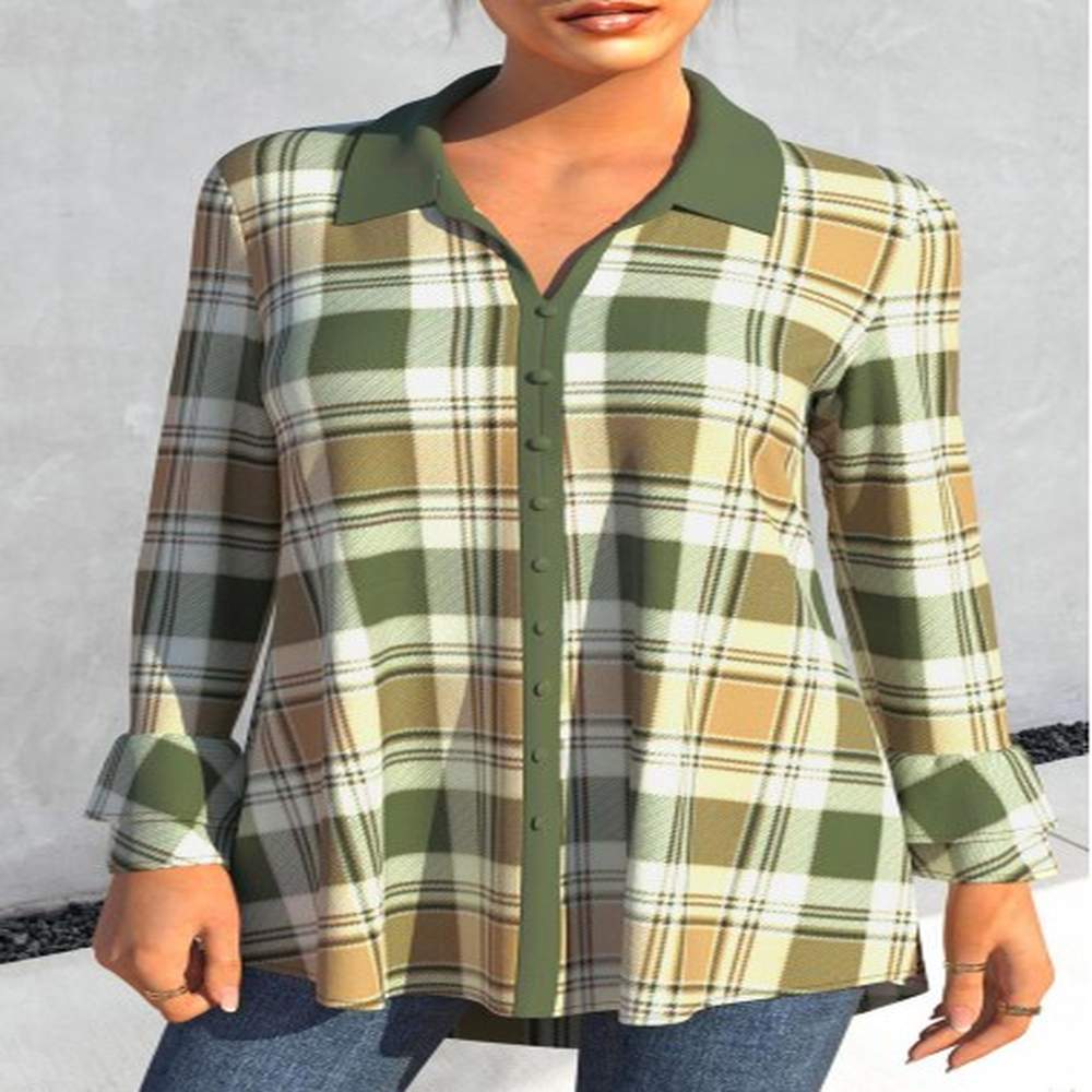 modlily plaid turndown collar green long sleeve blouse s
