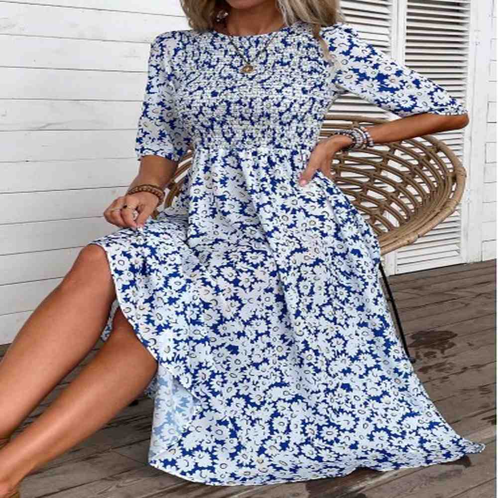 modlily plus size blue smocked ditsy floral print dress