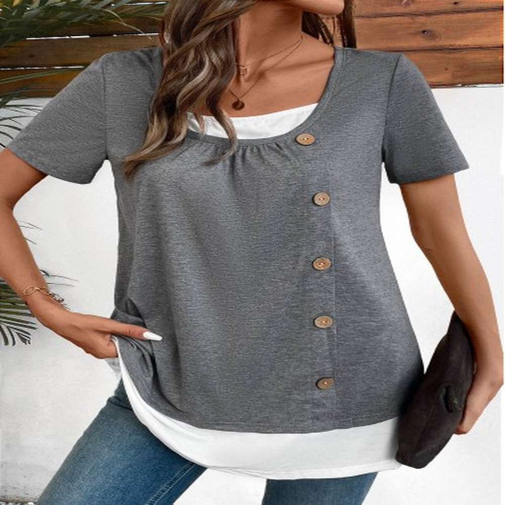 modlily plus size dark grey marl patchwork short sleeve blouse