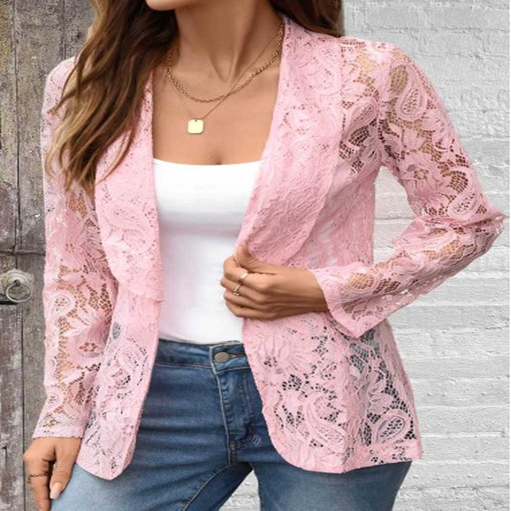 modlily plus size pink lace long sleeve lapel light cardigan
