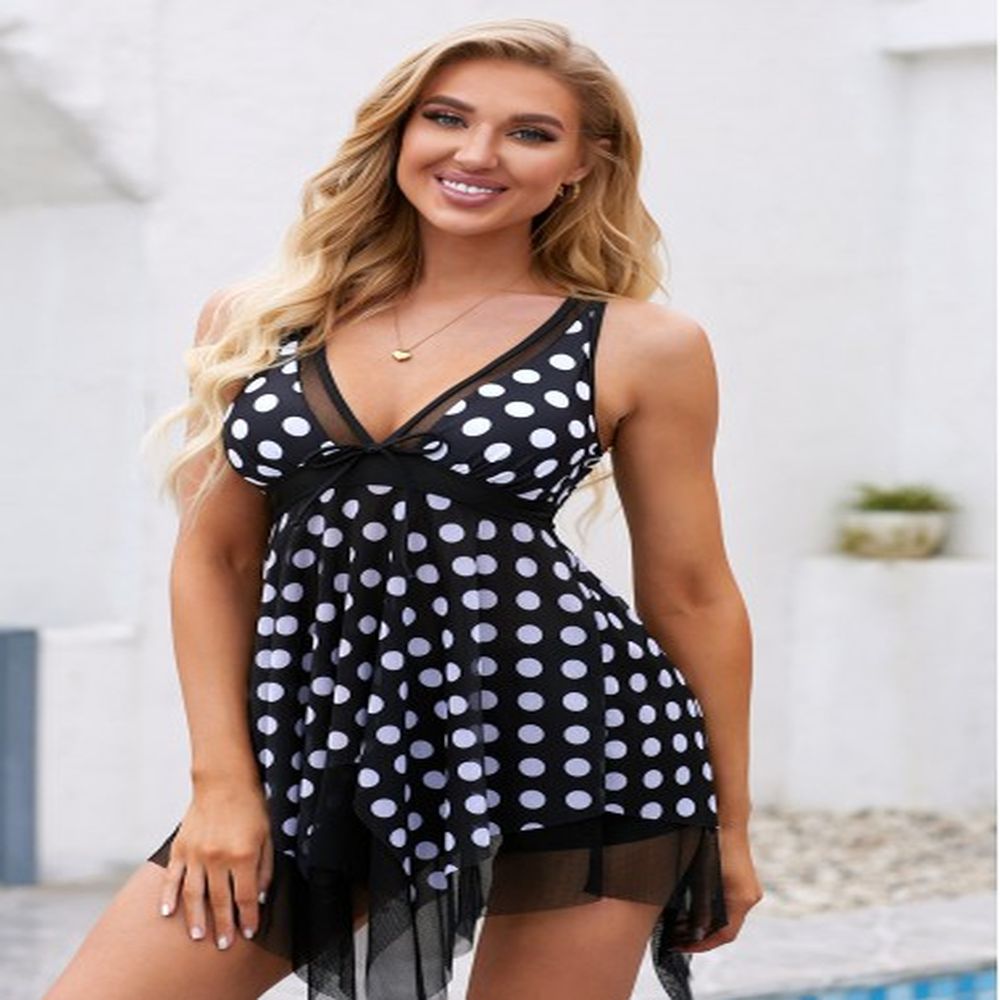 modlily polka dot double layered mesh stitching swimdress and shorts
