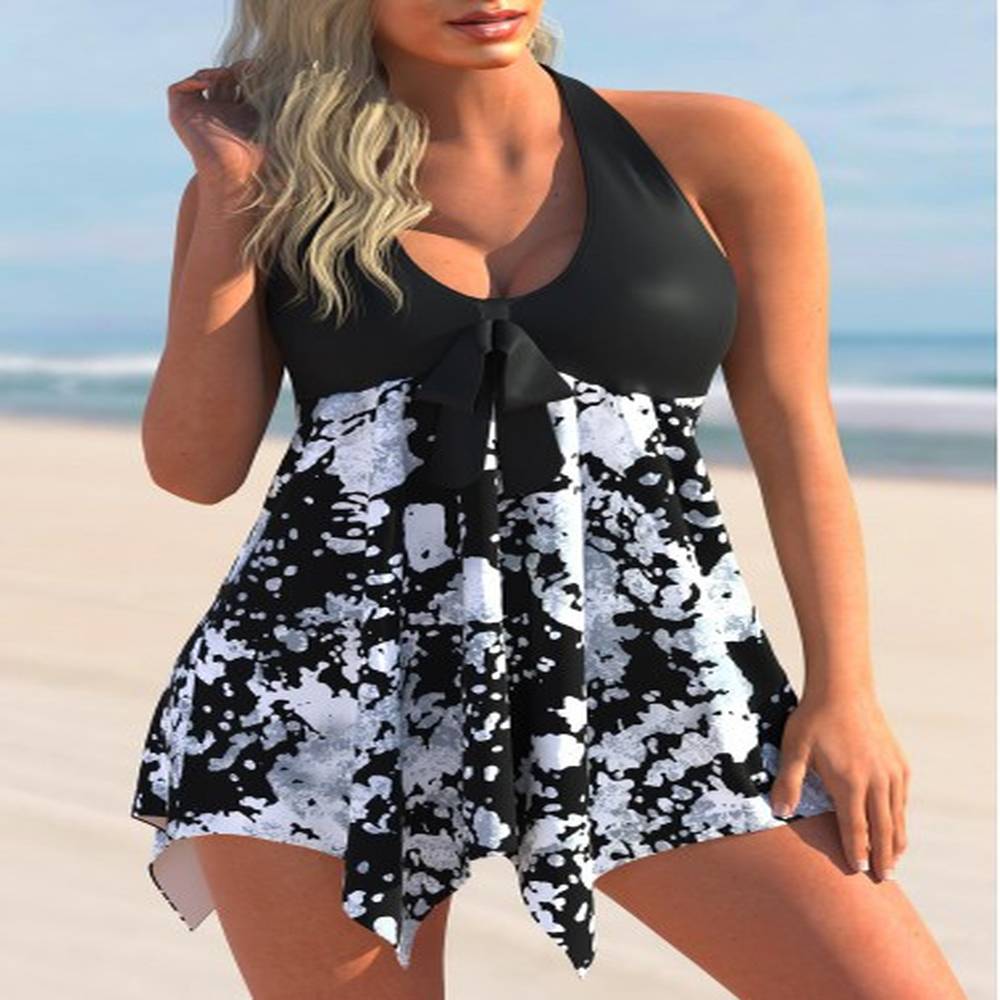 modlily printed halter asymmetric hem swimdress and panty s
