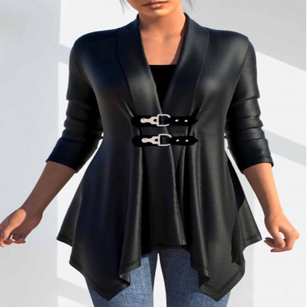modlily pu faux leather long sleeve turn down collar coat