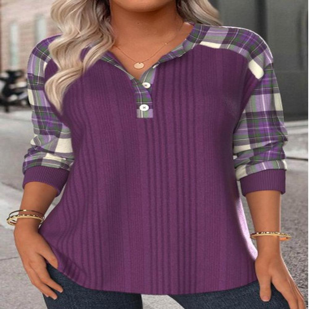 modlily purple button plaid long sleeve split neck sweatshirt
