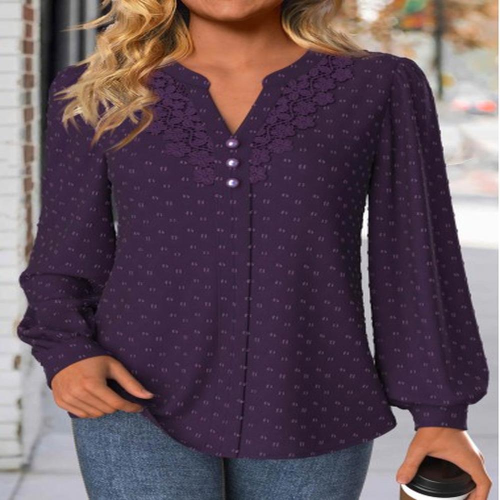 modlily purple embroidery long sleeve split neck blouse m