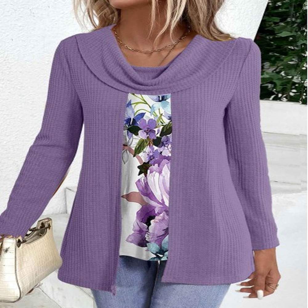 modlily purple floral print long sleeve fake two piece twinset